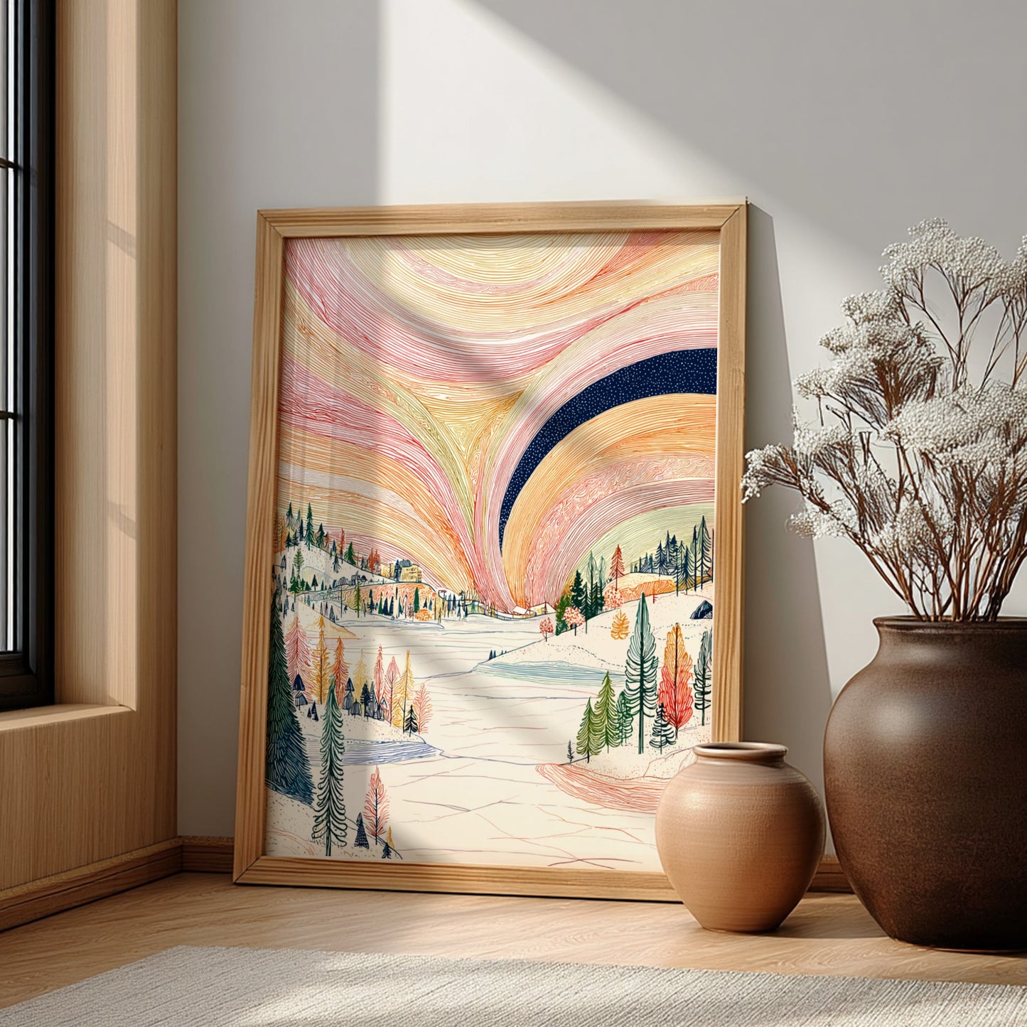 Poster of a winter landscape with a colorful aurora borealis sky in pink, orange, and yellow hues.