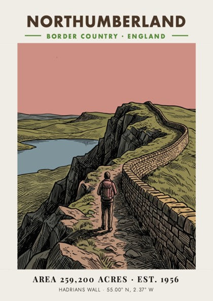 Poster showing a hiker walking along Hadrian's Wall in the Northumberland border country landscape.
