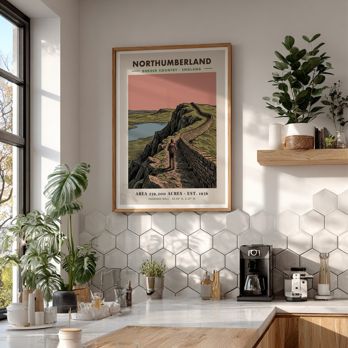 Poster showing a hiker walking along Hadrian's Wall in the Northumberland border country landscape.