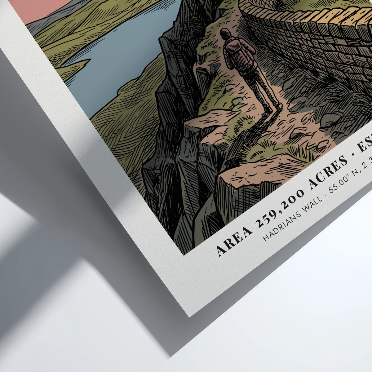 Poster showing a hiker walking along Hadrian's Wall in the Northumberland border country landscape.