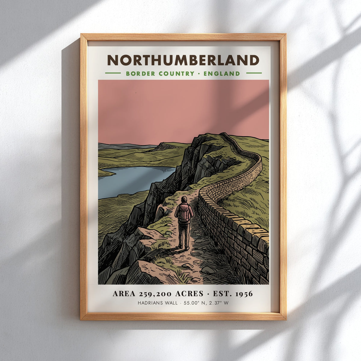 Poster showing a hiker walking along Hadrian's Wall in the Northumberland border country landscape.