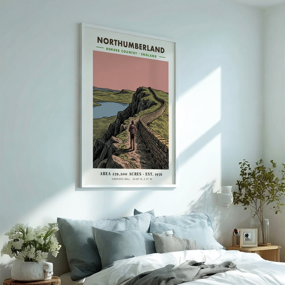 Poster showing a hiker walking along Hadrian's Wall in the Northumberland border country landscape.