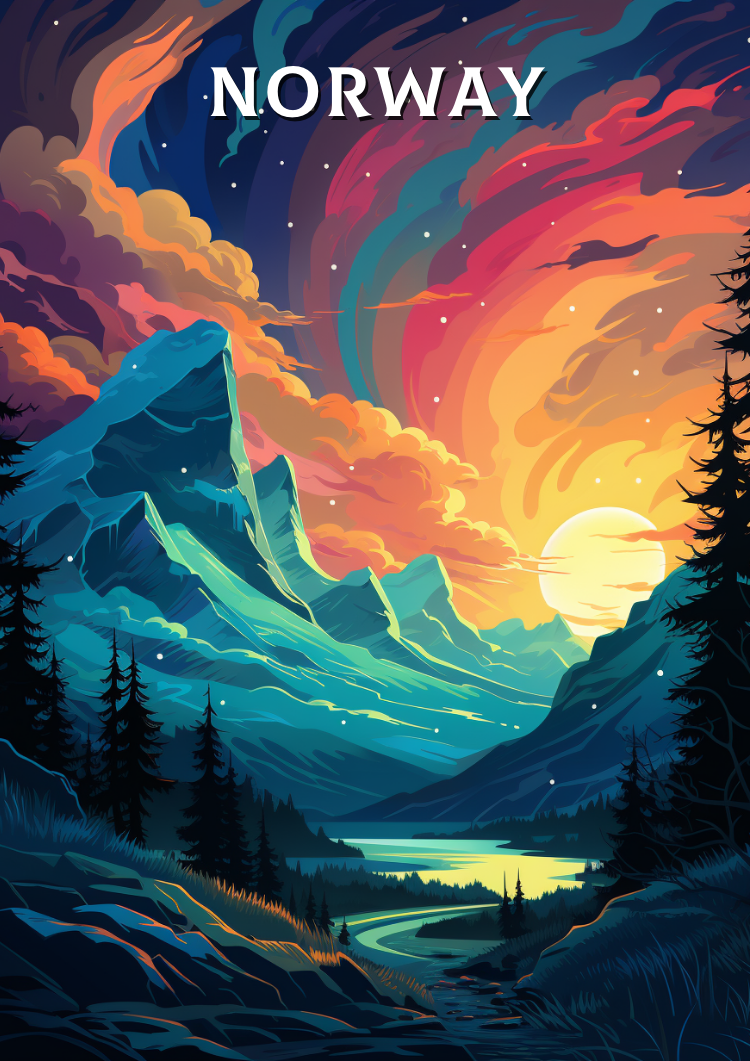 NORWAY TRAVEL POSTER - NORTHERN LIGHTS ARTWORK