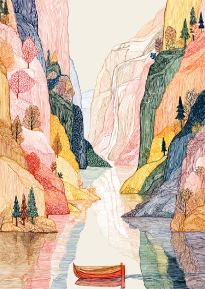 Fjord landscape poster with textured cliffs, calm water, and trees in earthy tones, rendered in a unique