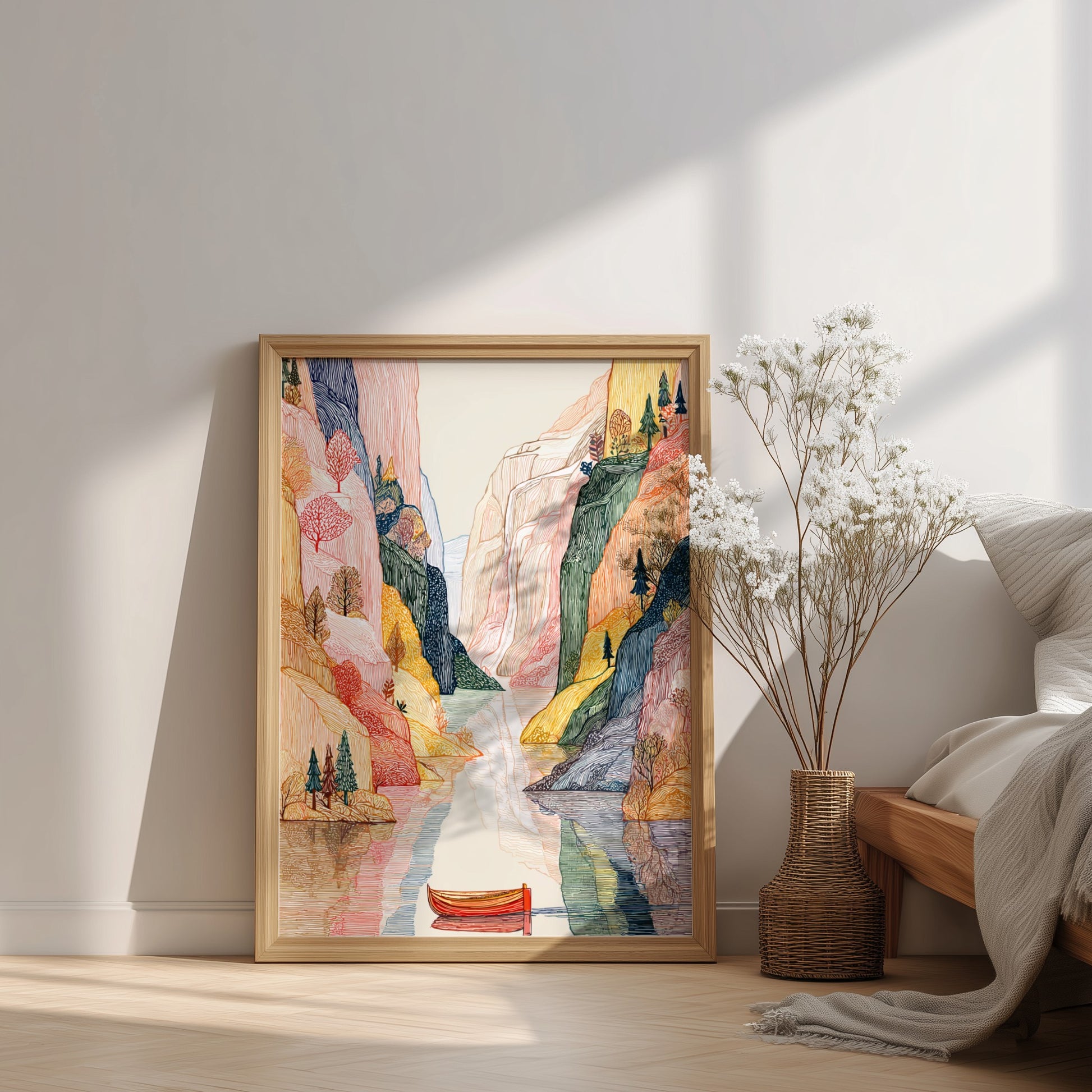 Fjord landscape poster with textured cliffs, calm water, and trees in earthy tones, rendered in a unique