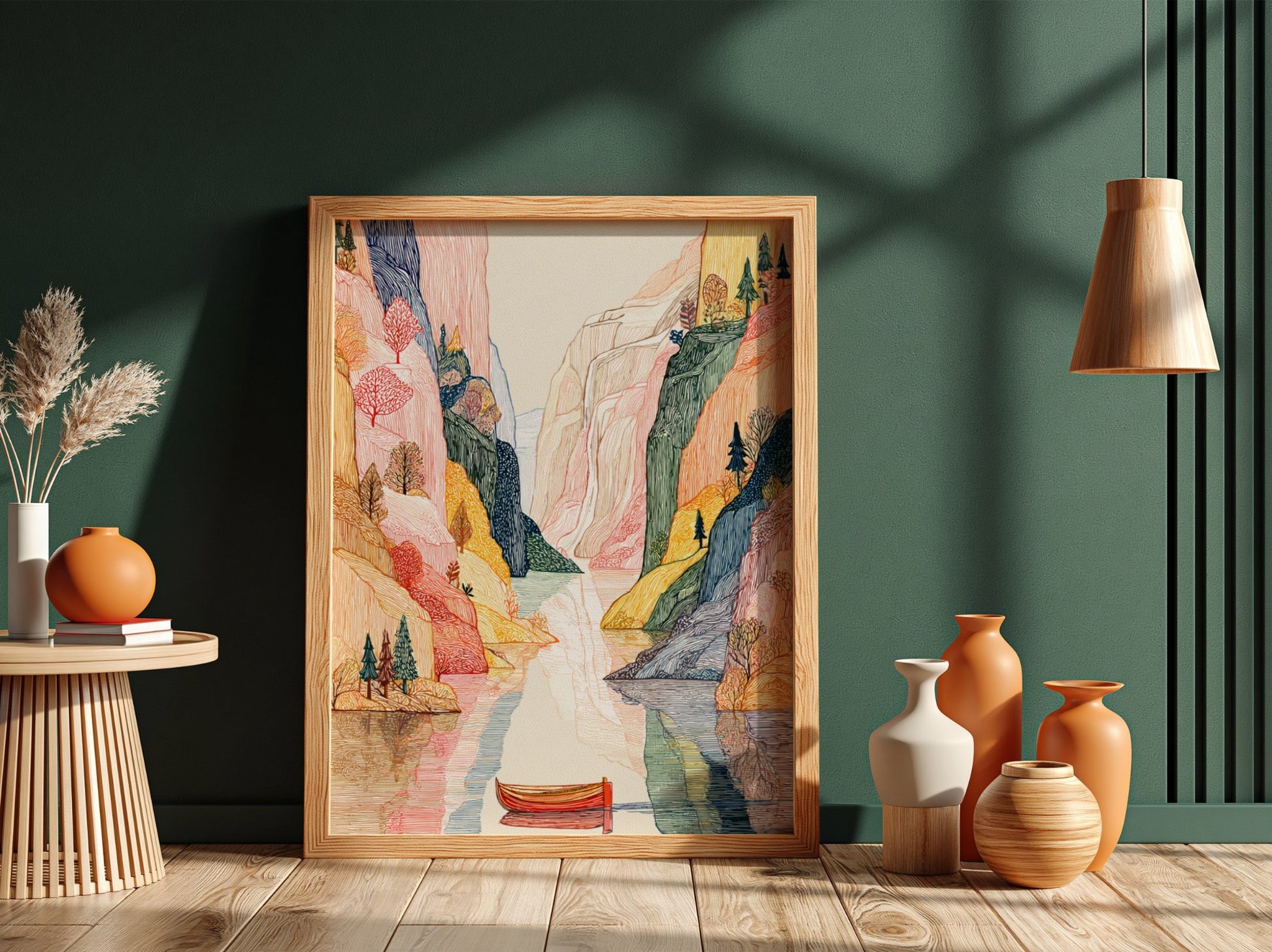 Fjord landscape poster with textured cliffs, calm water, and trees in earthy tones, rendered in a unique