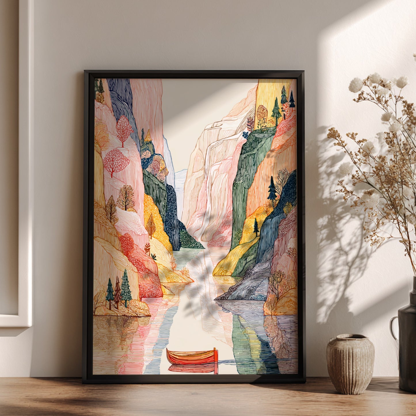 Fjord landscape poster with textured cliffs, calm water, and trees in earthy tones, rendered in a unique