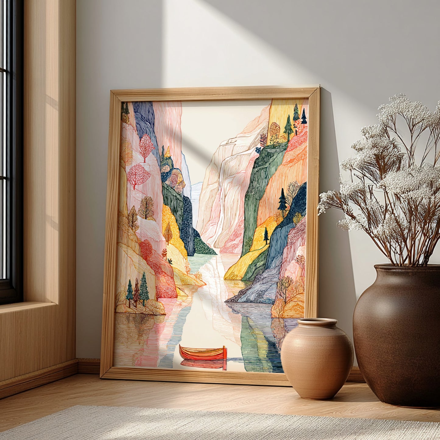Fjord landscape poster with textured cliffs, calm water, and trees in earthy tones, rendered in a unique