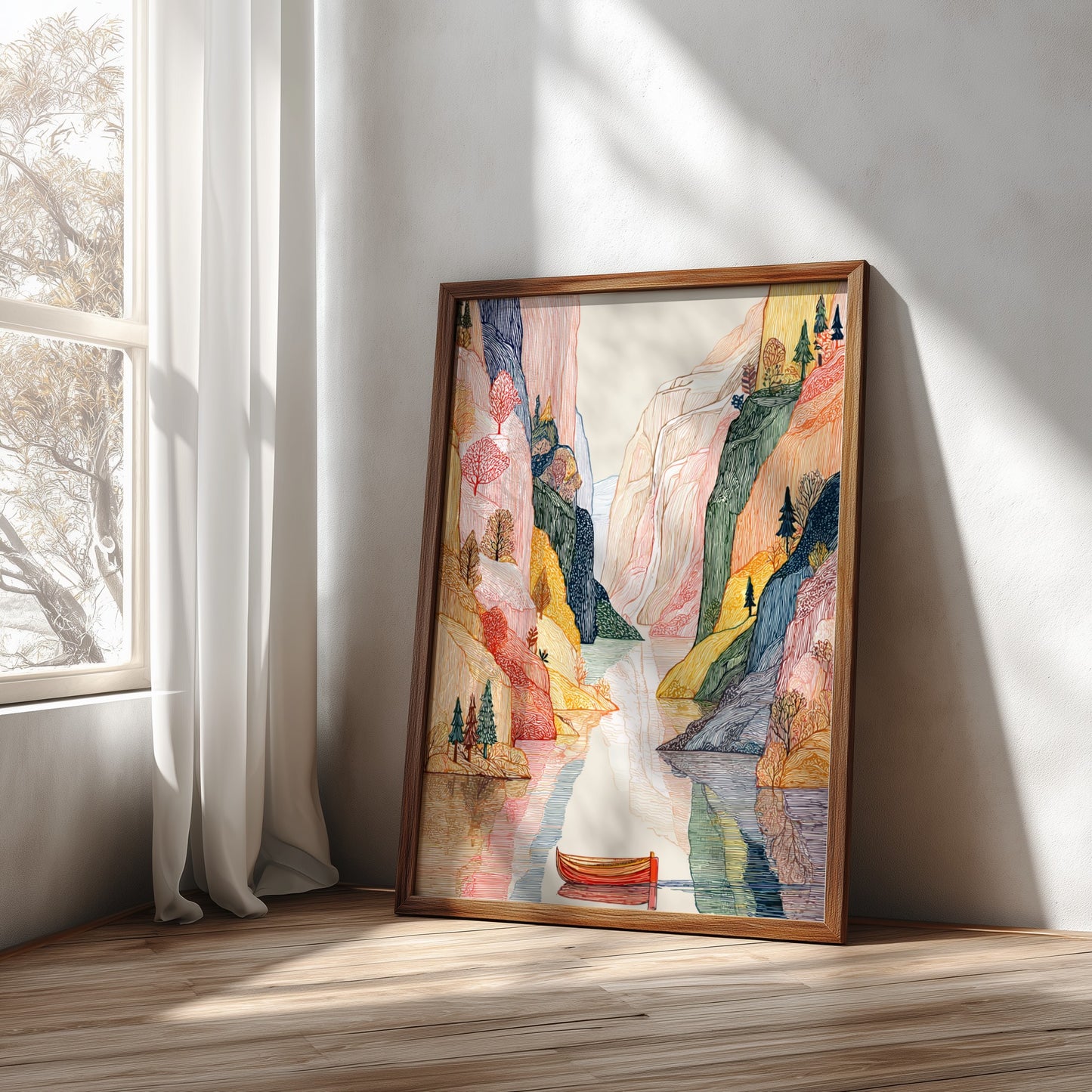 Fjord landscape poster with textured cliffs, calm water, and trees in earthy tones, rendered in a unique