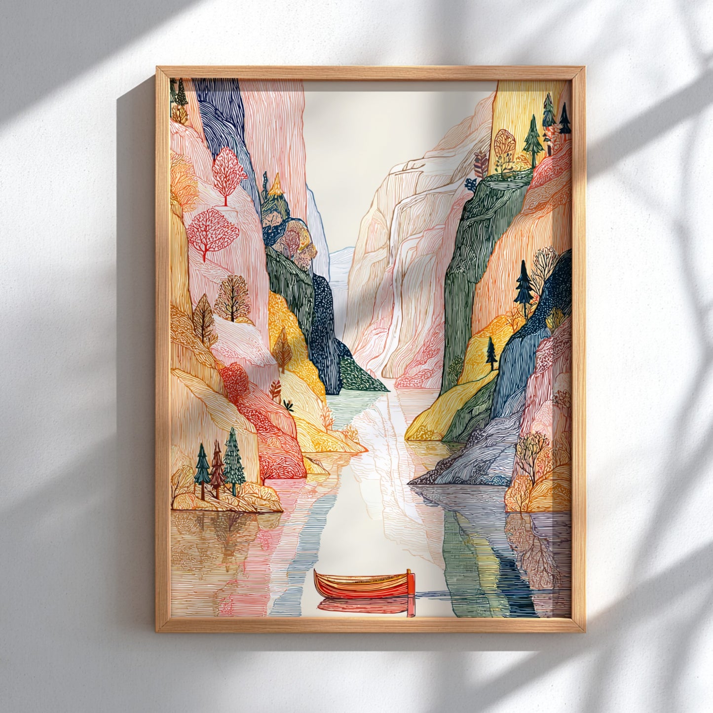 Fjord landscape poster with textured cliffs, calm water, and trees in earthy tones, rendered in a unique