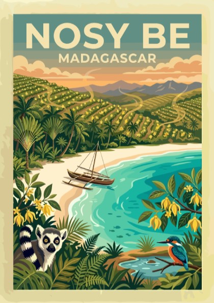Travel poster of Nosy Be Madagascar with a lemur, boat, and tropical landscape.