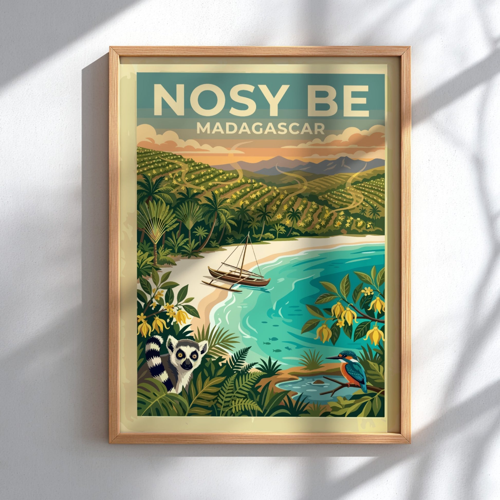 Travel poster of Nosy Be Madagascar with a lemur, boat, and tropical landscape.