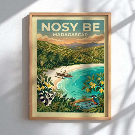 Travel poster of Nosy Be Madagascar with a lemur, boat, and tropical landscape.