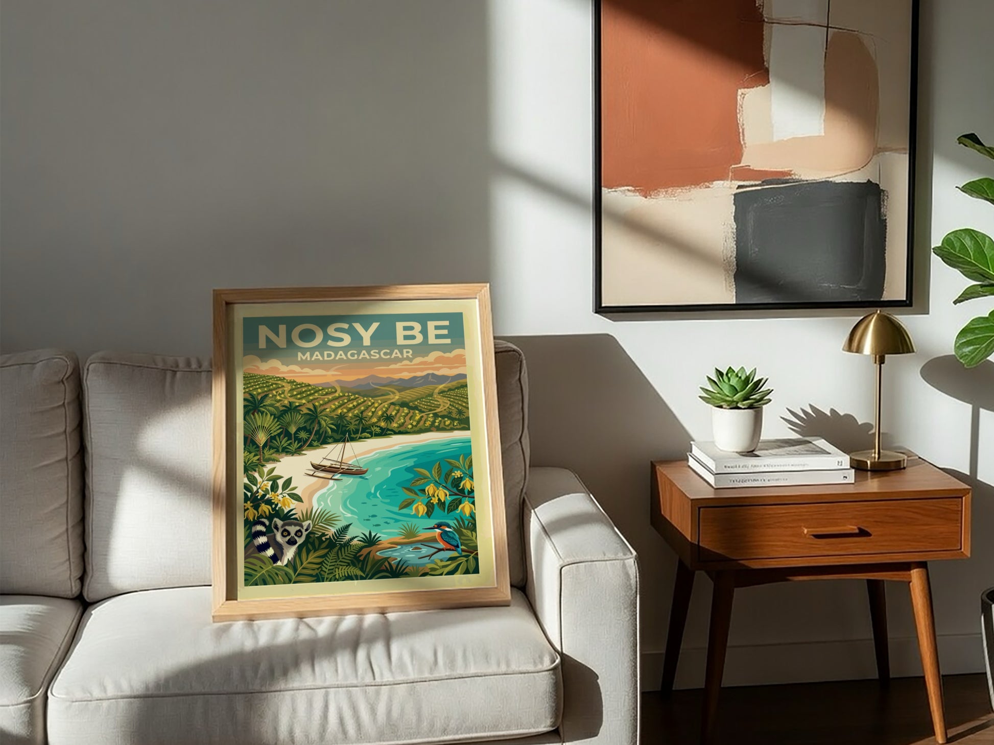 Travel poster of Nosy Be Madagascar with a lemur, boat, and tropical landscape.