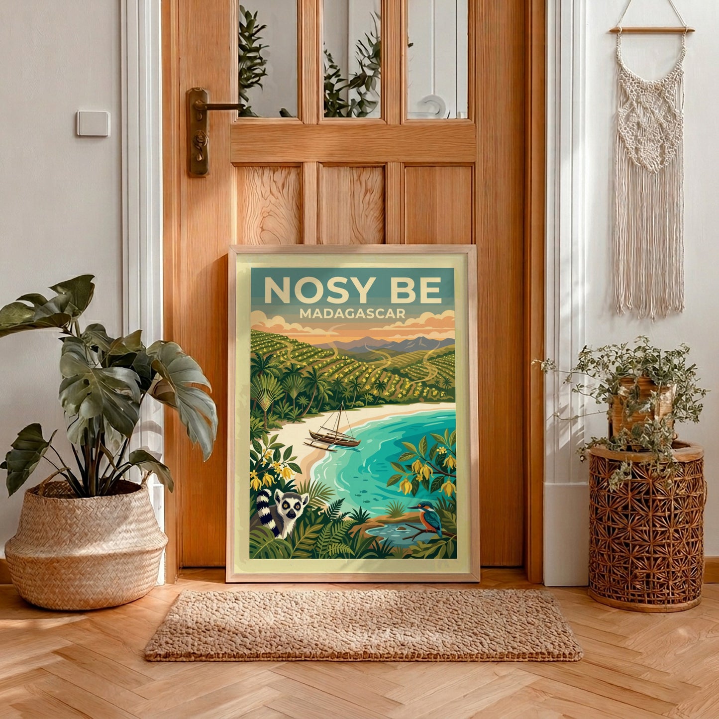 Travel poster of Nosy Be Madagascar with a lemur, boat, and tropical landscape.
