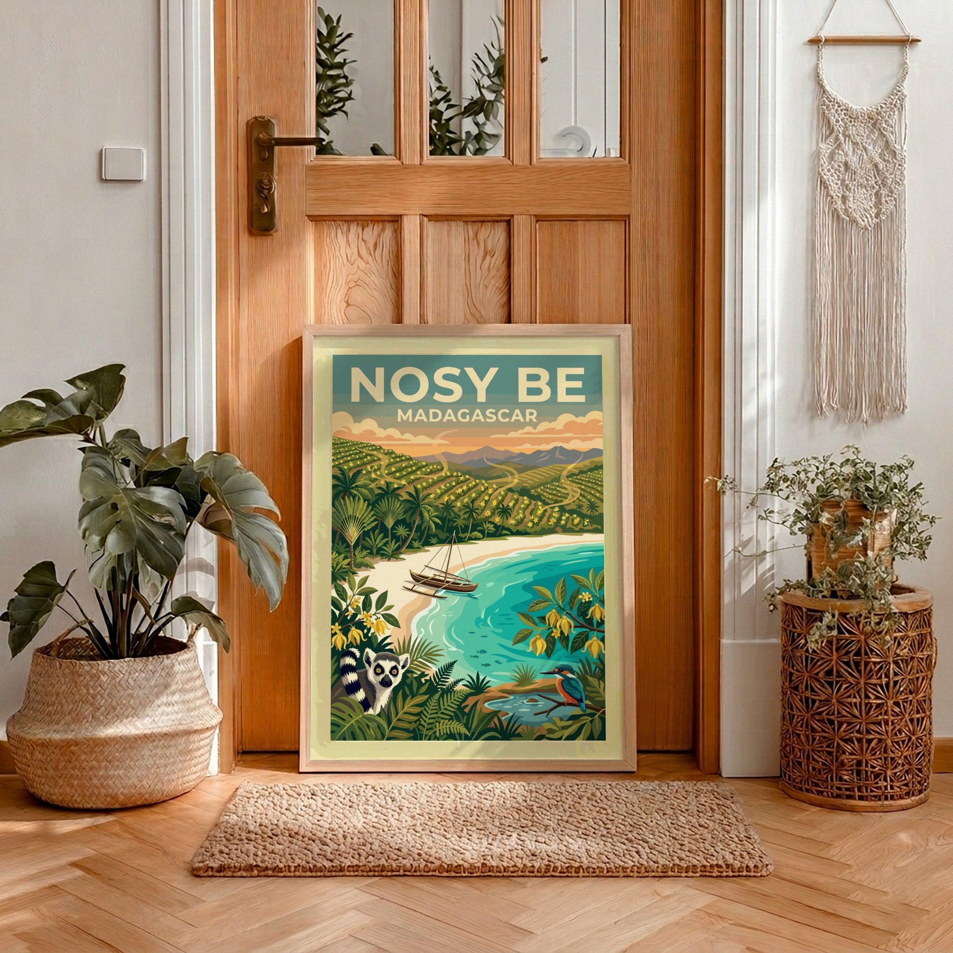 Travel poster of Nosy Be Madagascar with a lemur, boat, and tropical landscape.