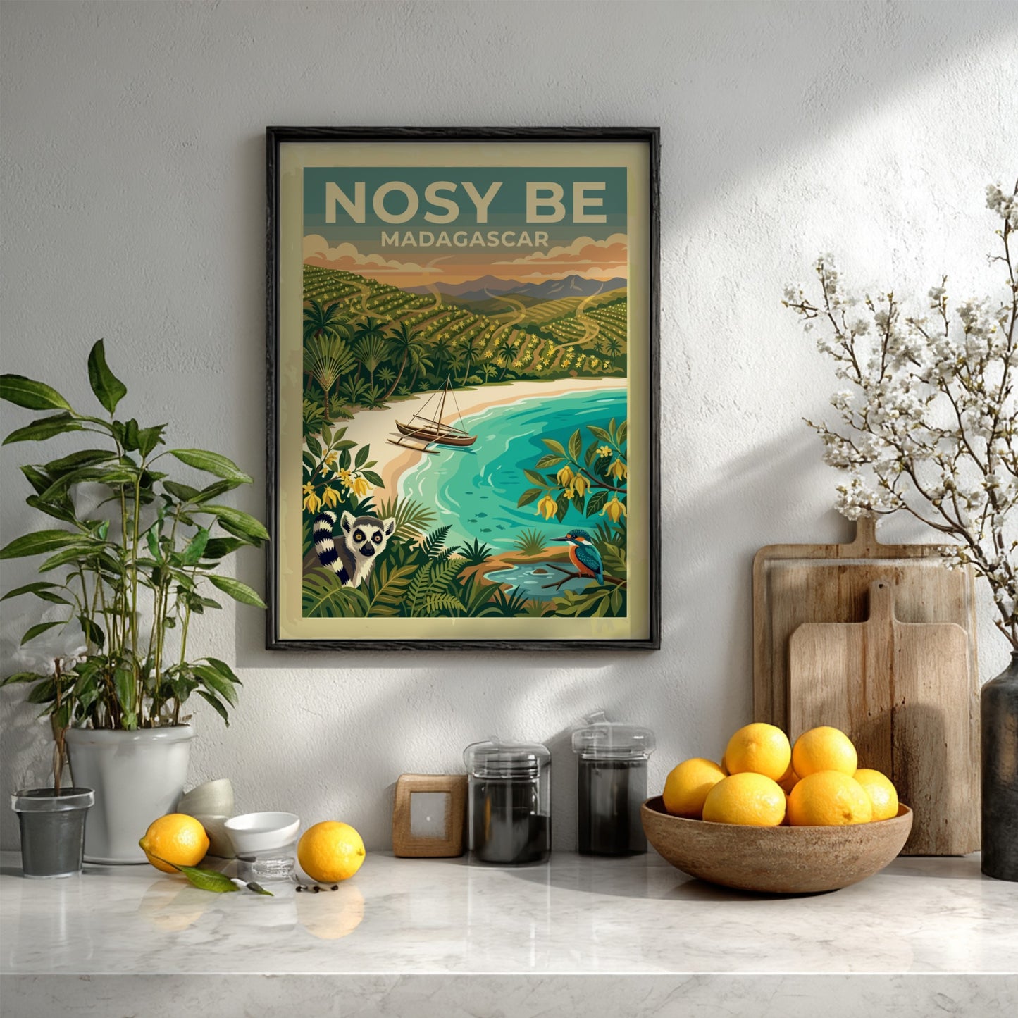 Travel poster of Nosy Be Madagascar with a lemur, boat, and tropical landscape.