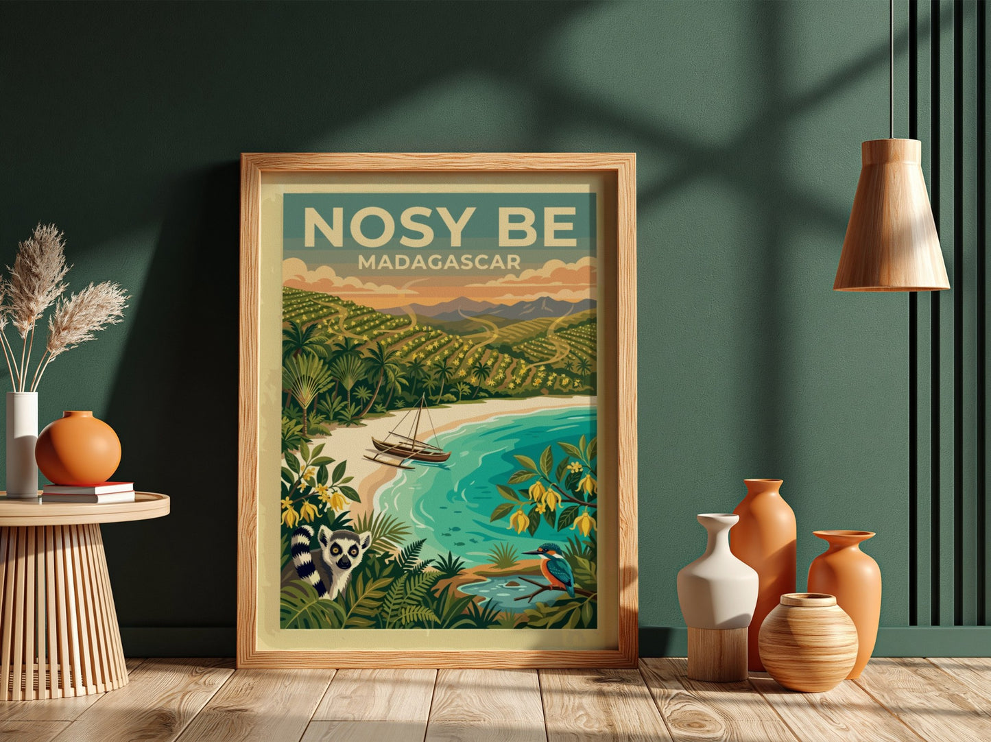 Travel poster of Nosy Be Madagascar with a lemur, boat, and tropical landscape.