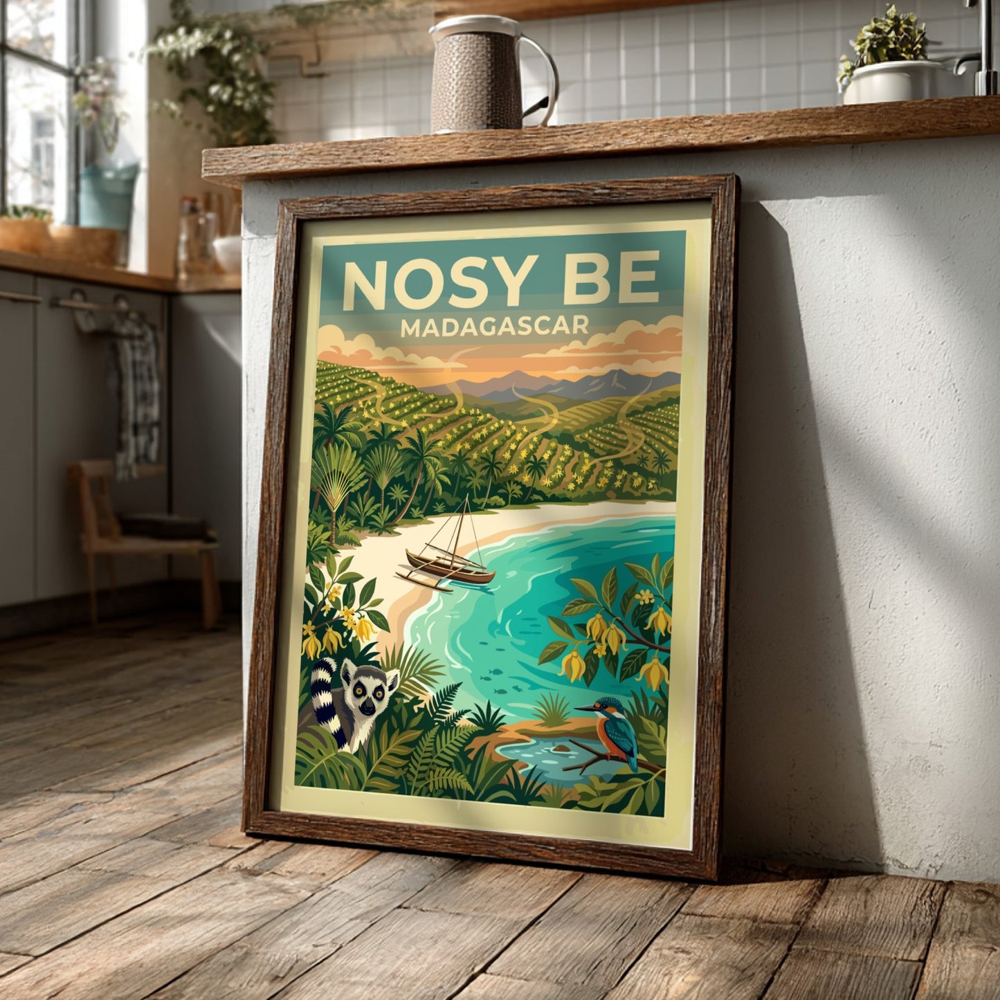 Travel poster of Nosy Be Madagascar with a lemur, boat, and tropical landscape.