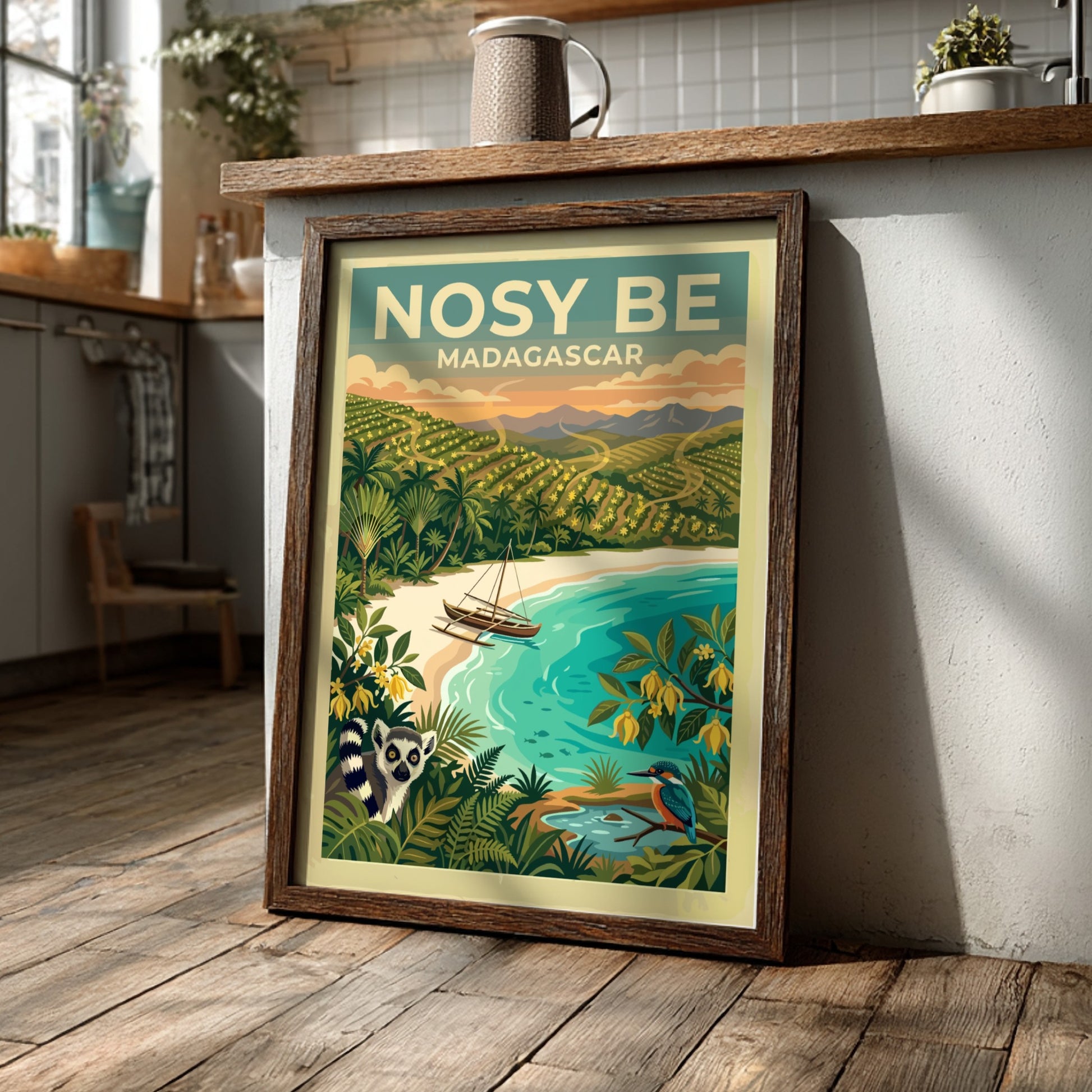 Travel poster of Nosy Be Madagascar with a lemur, boat, and tropical landscape.