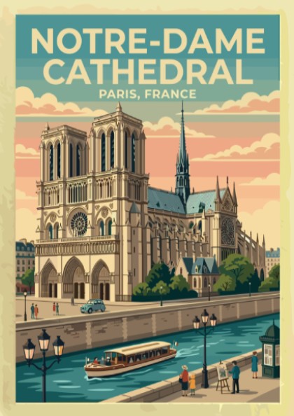 Travel poster of Notre-Dame Cathedral in vintage style with soft colors