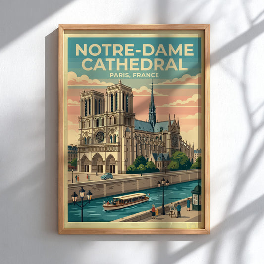 Travel poster of Notre-Dame Cathedral in vintage style with soft colors