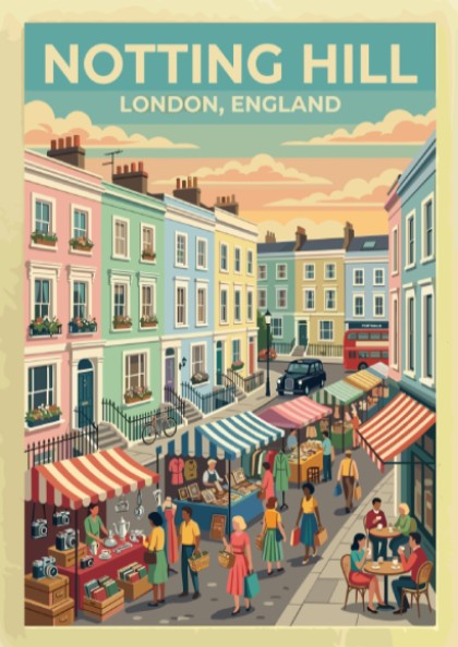 Notting Hill travel poster featuring pastel houses and market stalls in a vintage style
