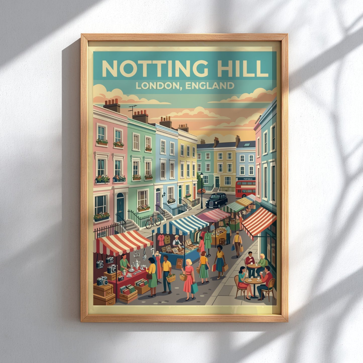 Notting Hill travel poster featuring pastel houses and market stalls in a vintage style
