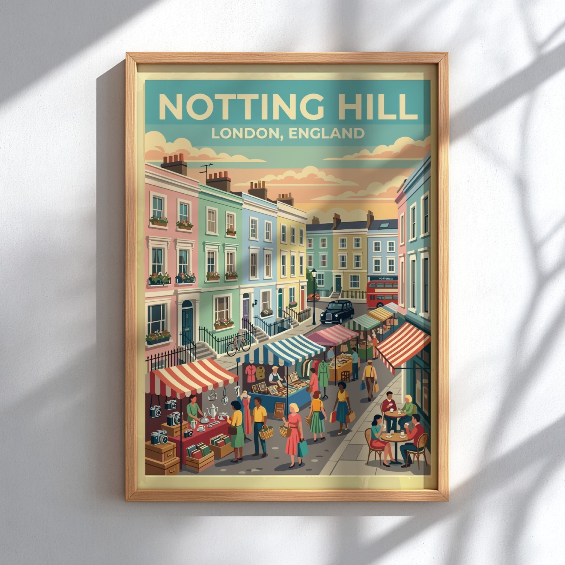 Notting Hill travel poster featuring pastel houses and market stalls in a vintage style
