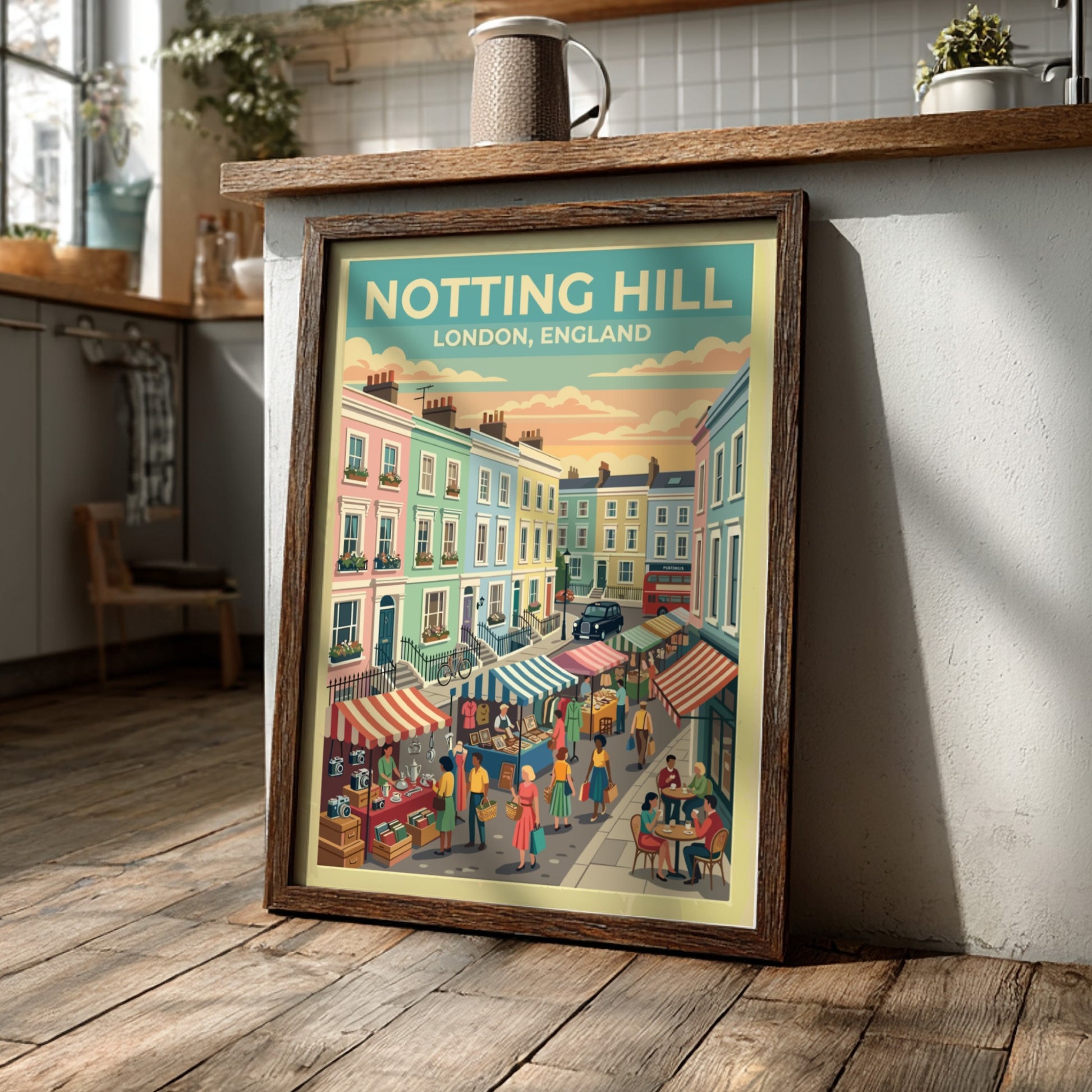 Notting Hill travel poster featuring pastel houses and market stalls in a vintage style