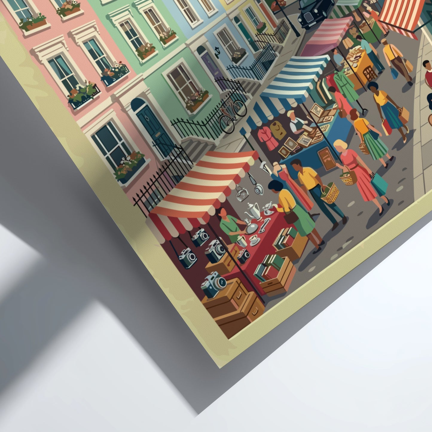 Notting Hill travel poster featuring pastel houses and market stalls in a vintage style