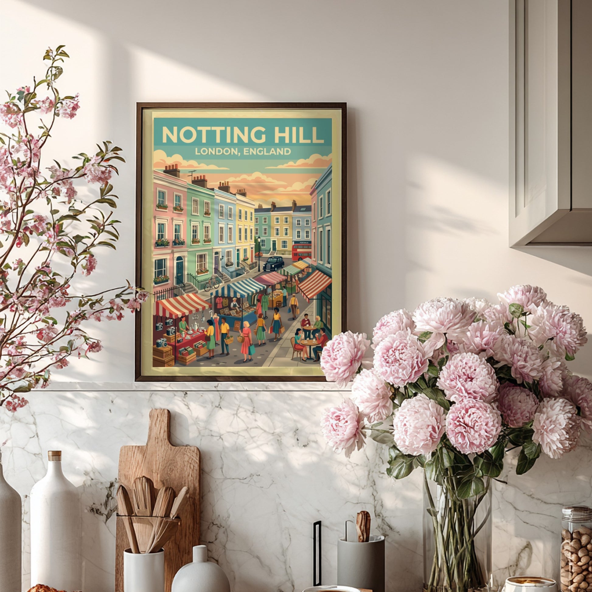 Notting Hill travel poster featuring pastel houses and market stalls in a vintage style