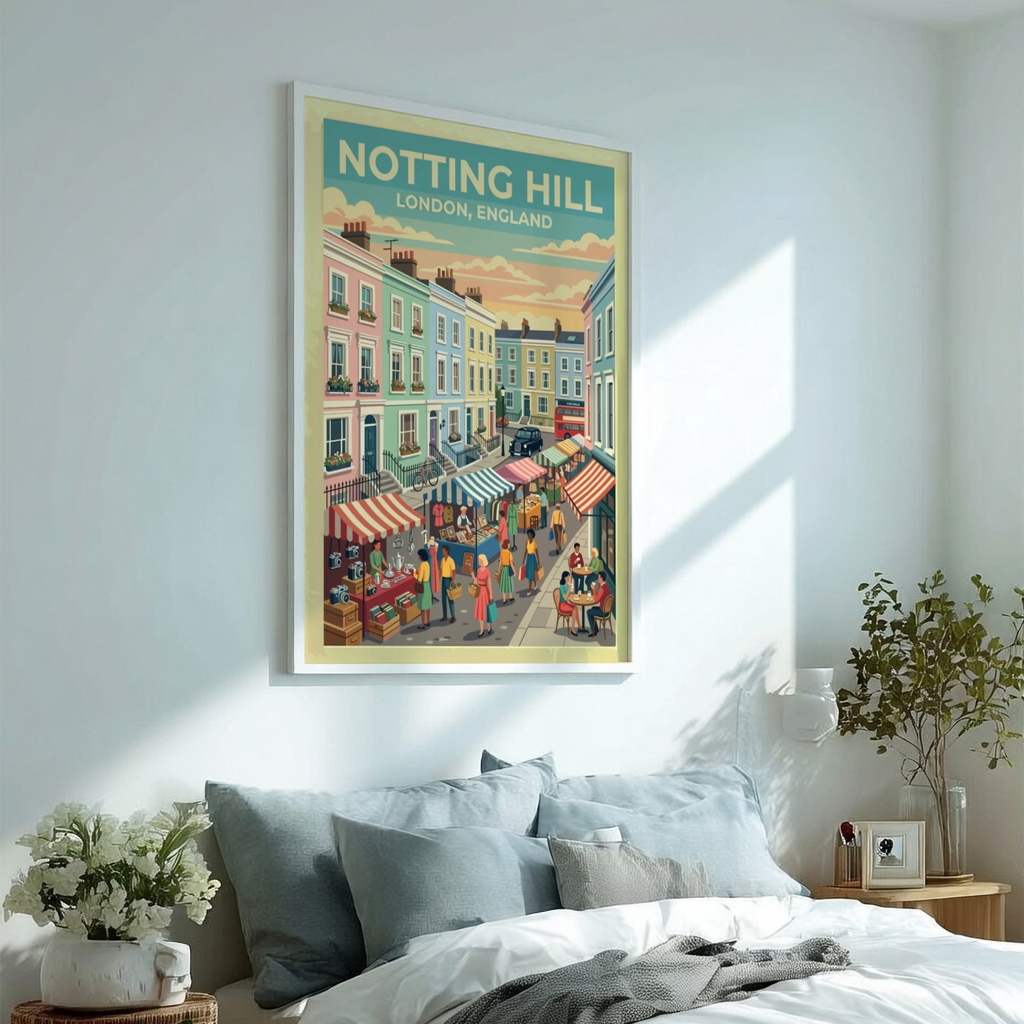 Notting Hill travel poster featuring pastel houses and market stalls in a vintage style