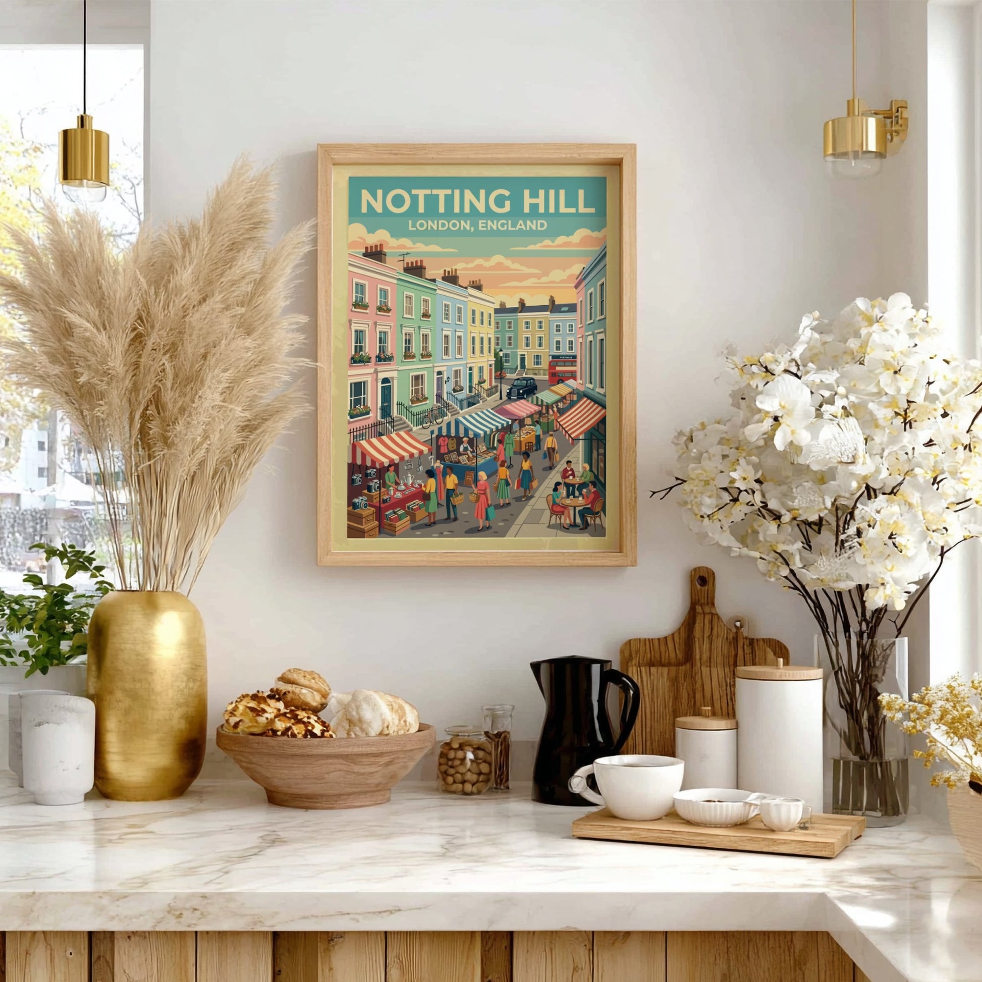 Notting Hill travel poster featuring pastel houses and market stalls in a vintage style