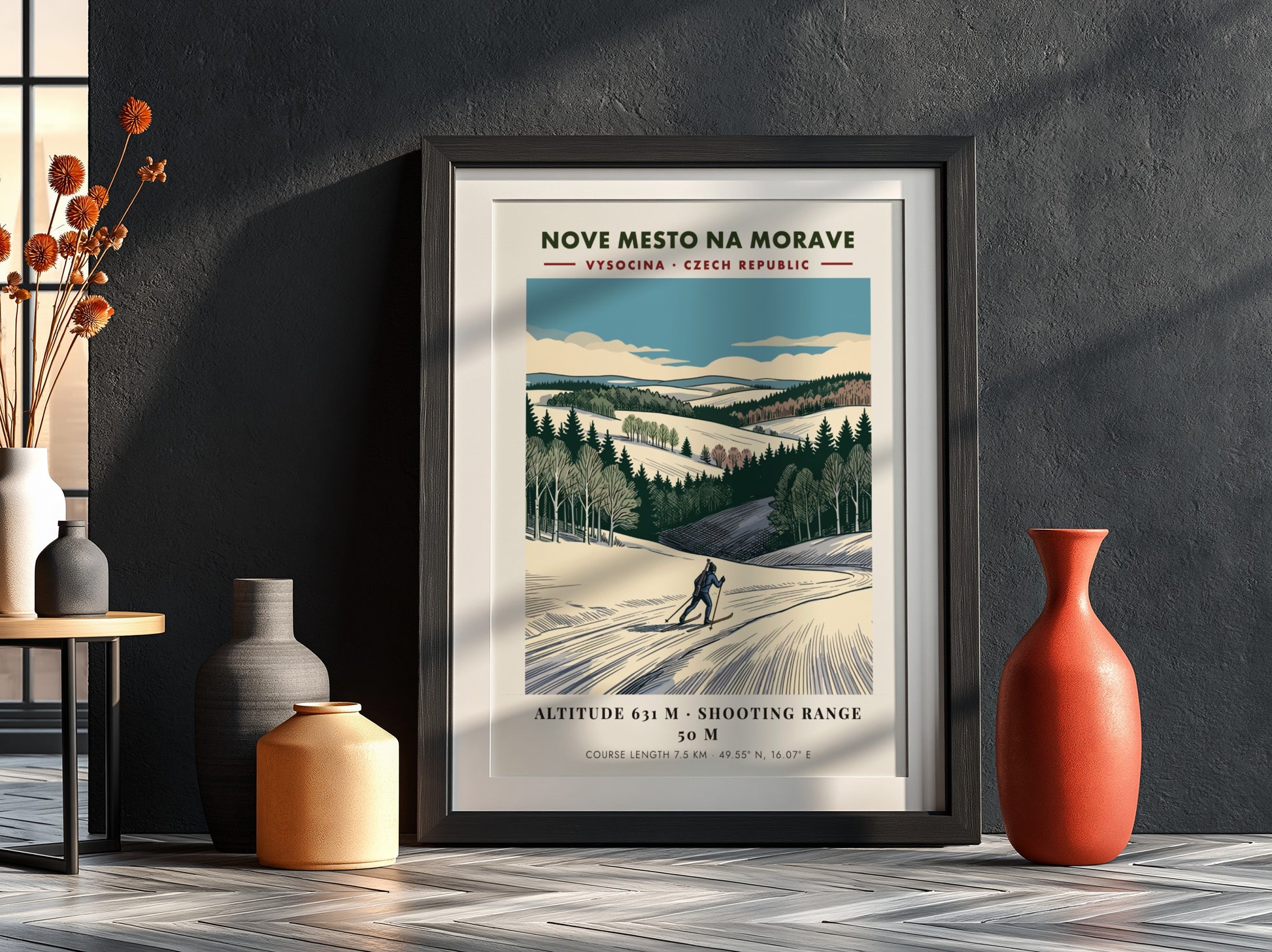 Poster featuring a skier on a snowy course in Nove Mesto Na Morave, Czechia.