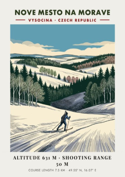 Poster featuring a skier on a snowy course in Nove Mesto Na Morave, Czechia.