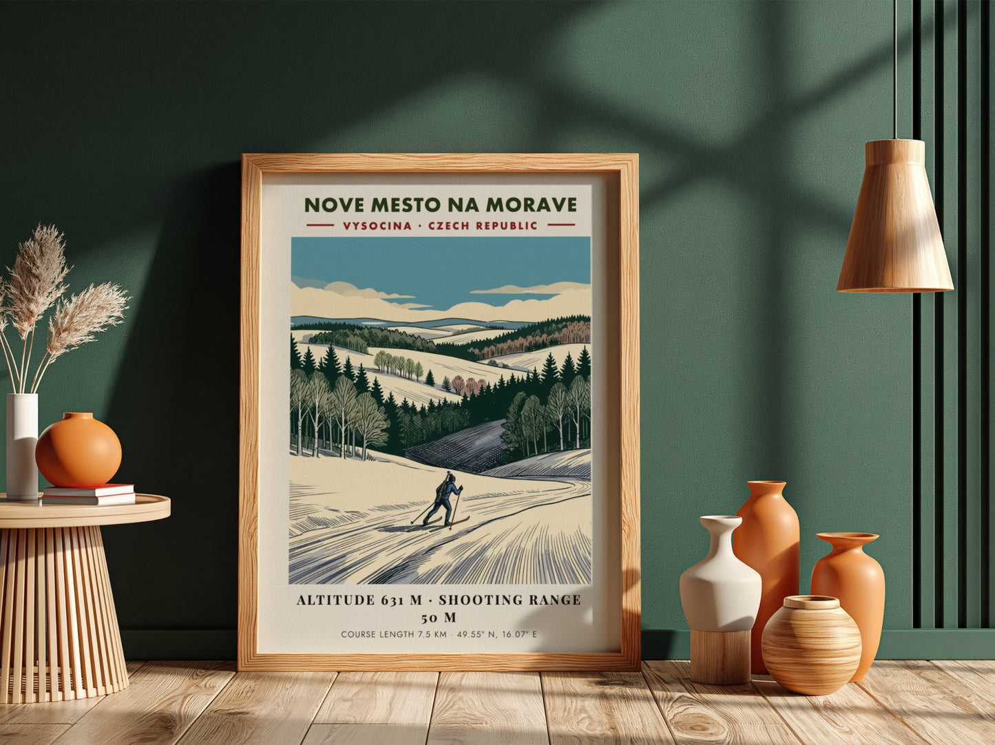 Poster featuring a skier on a snowy course in Nove Mesto Na Morave, Czechia.