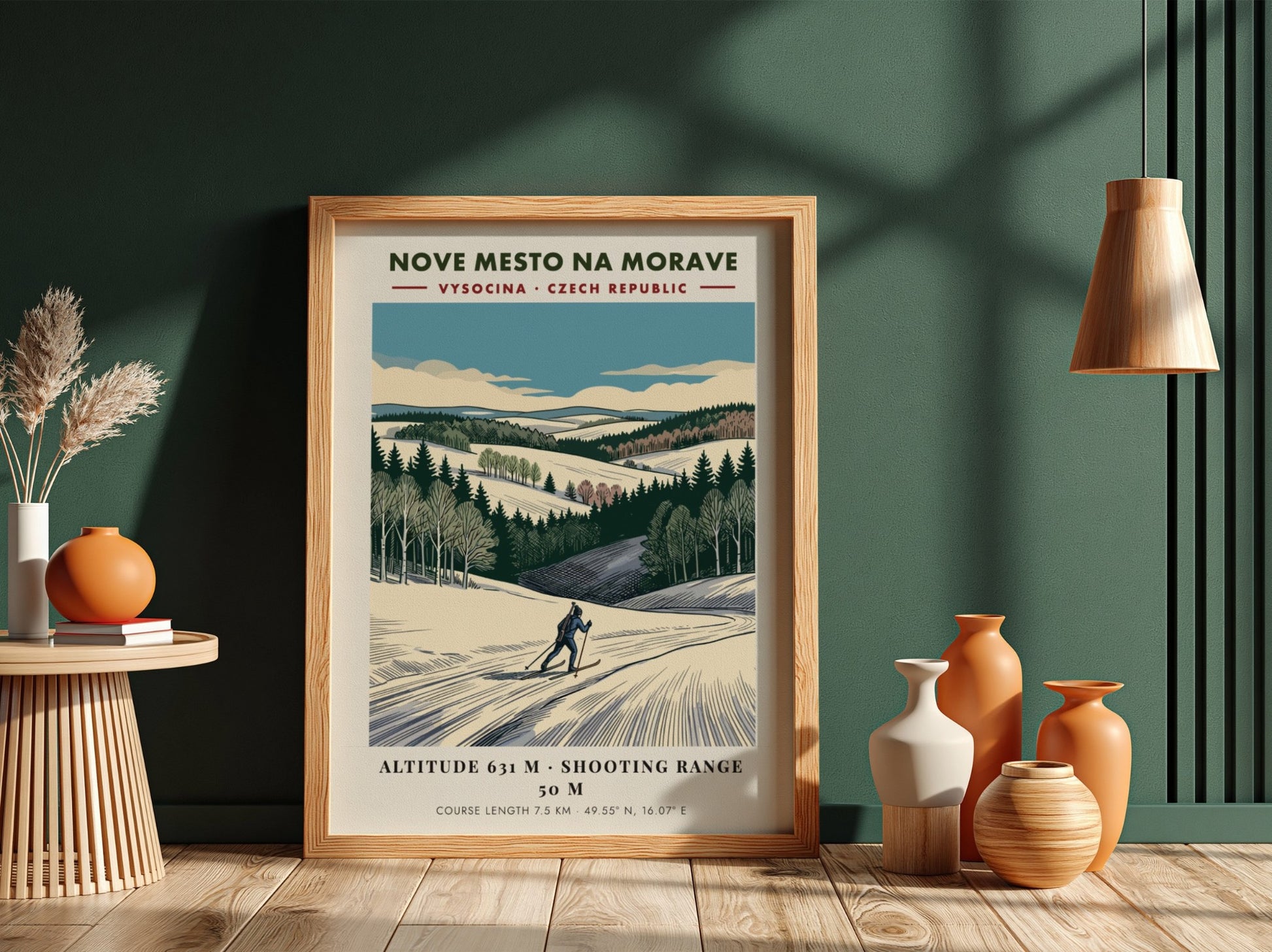 Poster featuring a skier on a snowy course in Nove Mesto Na Morave, Czechia.