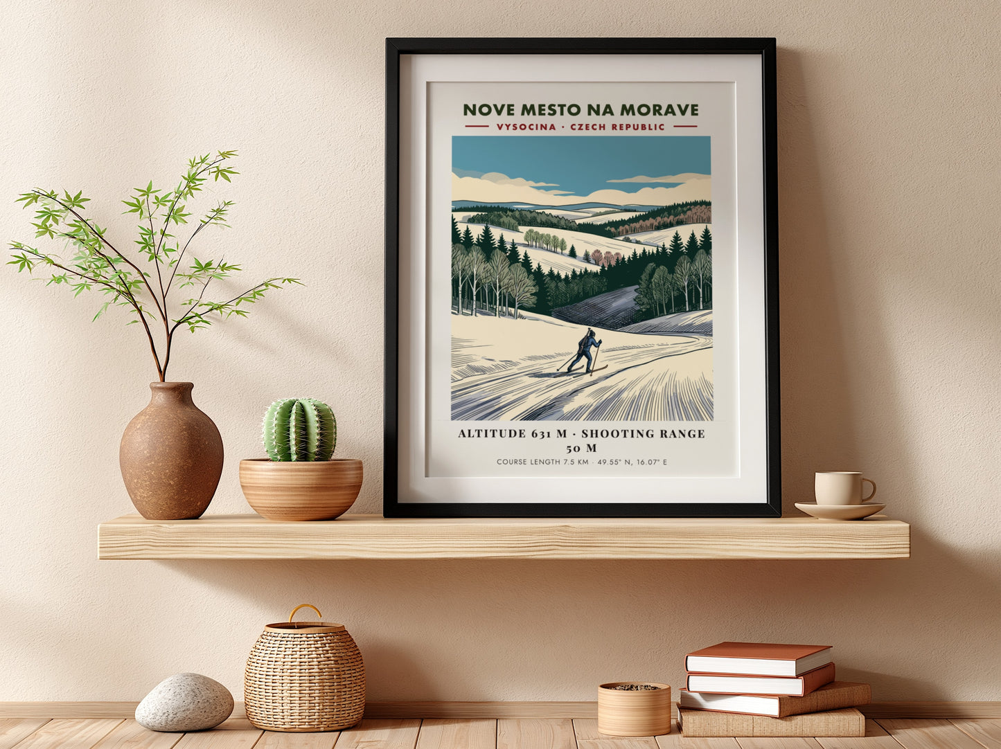 Poster featuring a skier on a snowy course in Nove Mesto Na Morave, Czechia.