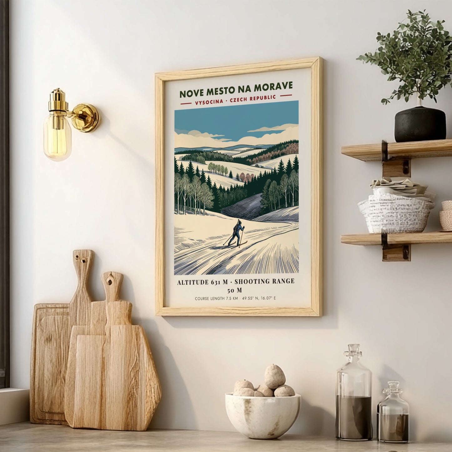 Poster featuring a skier on a snowy course in Nove Mesto Na Morave, Czechia.