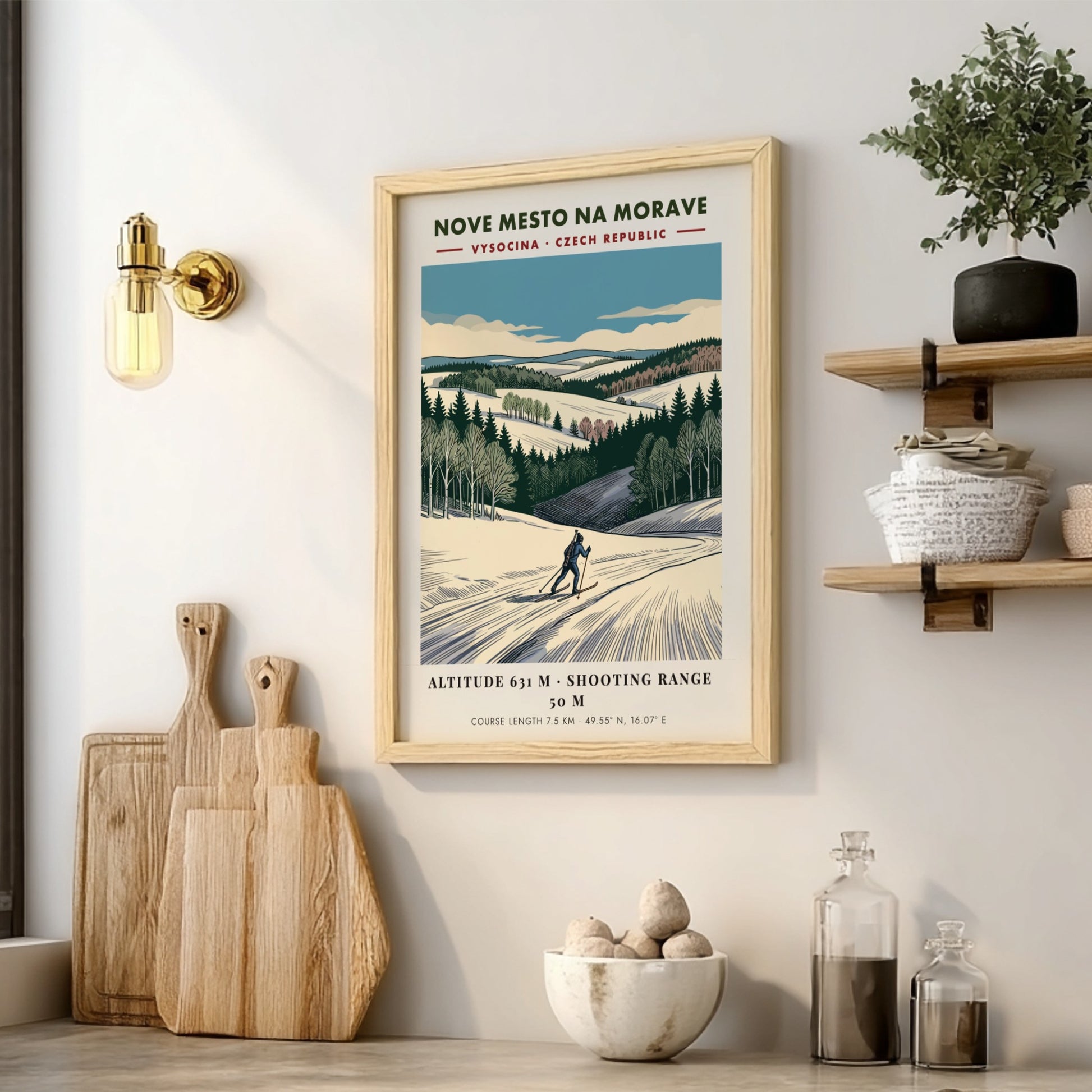 Poster featuring a skier on a snowy course in Nove Mesto Na Morave, Czechia.