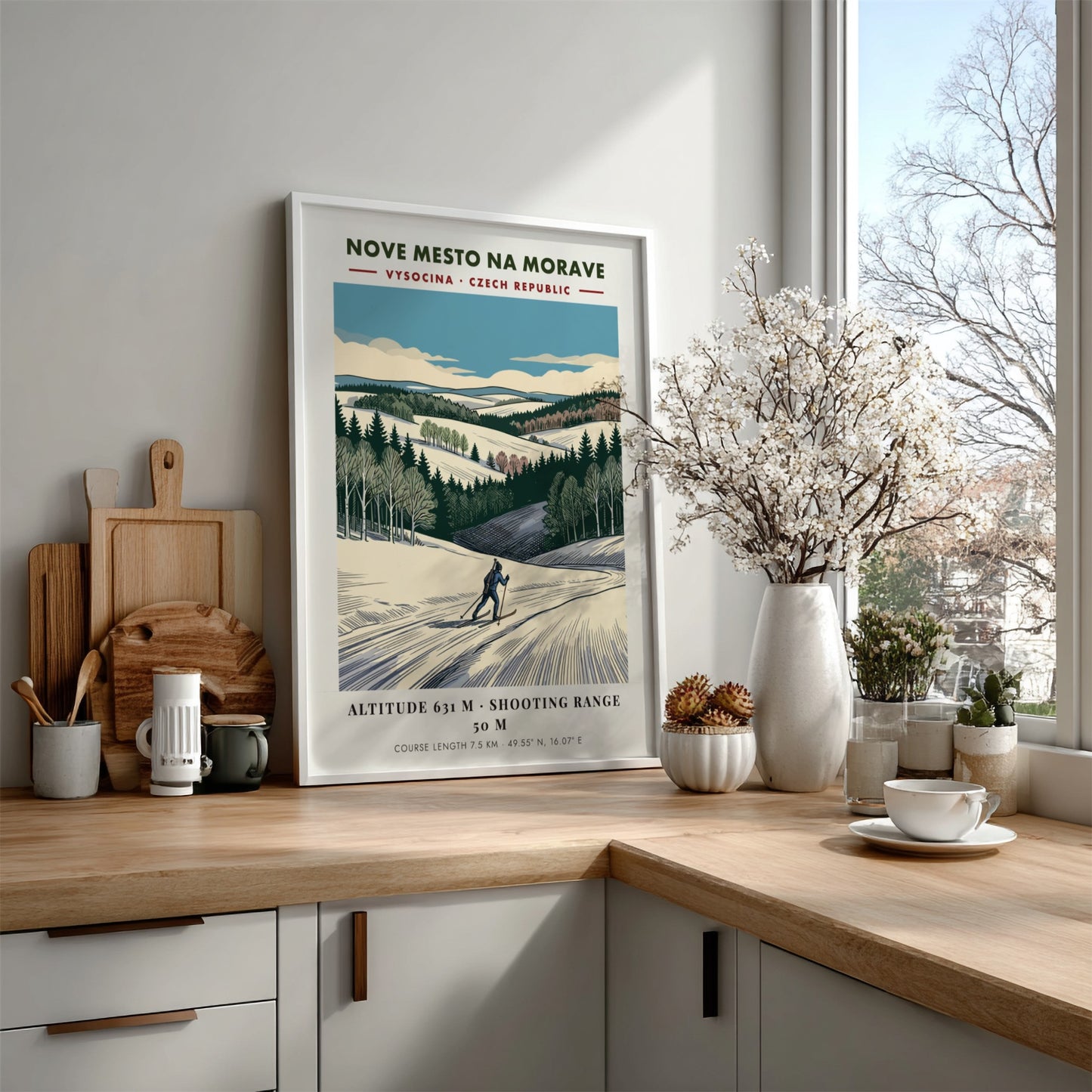 Poster featuring a skier on a snowy course in Nove Mesto Na Morave, Czechia.