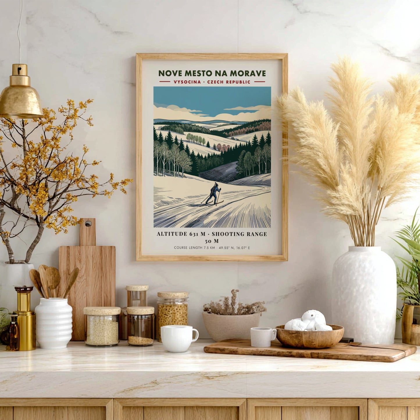 Poster featuring a skier on a snowy course in Nove Mesto Na Morave, Czechia.