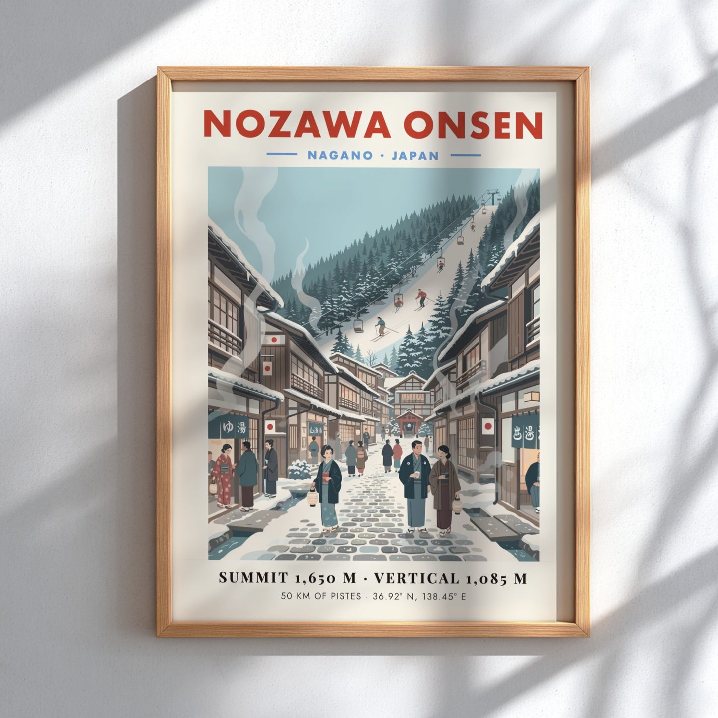 Ski resort poster featuring Nozawa Onsen with vintage style, showcasing snowy slopes and traditional