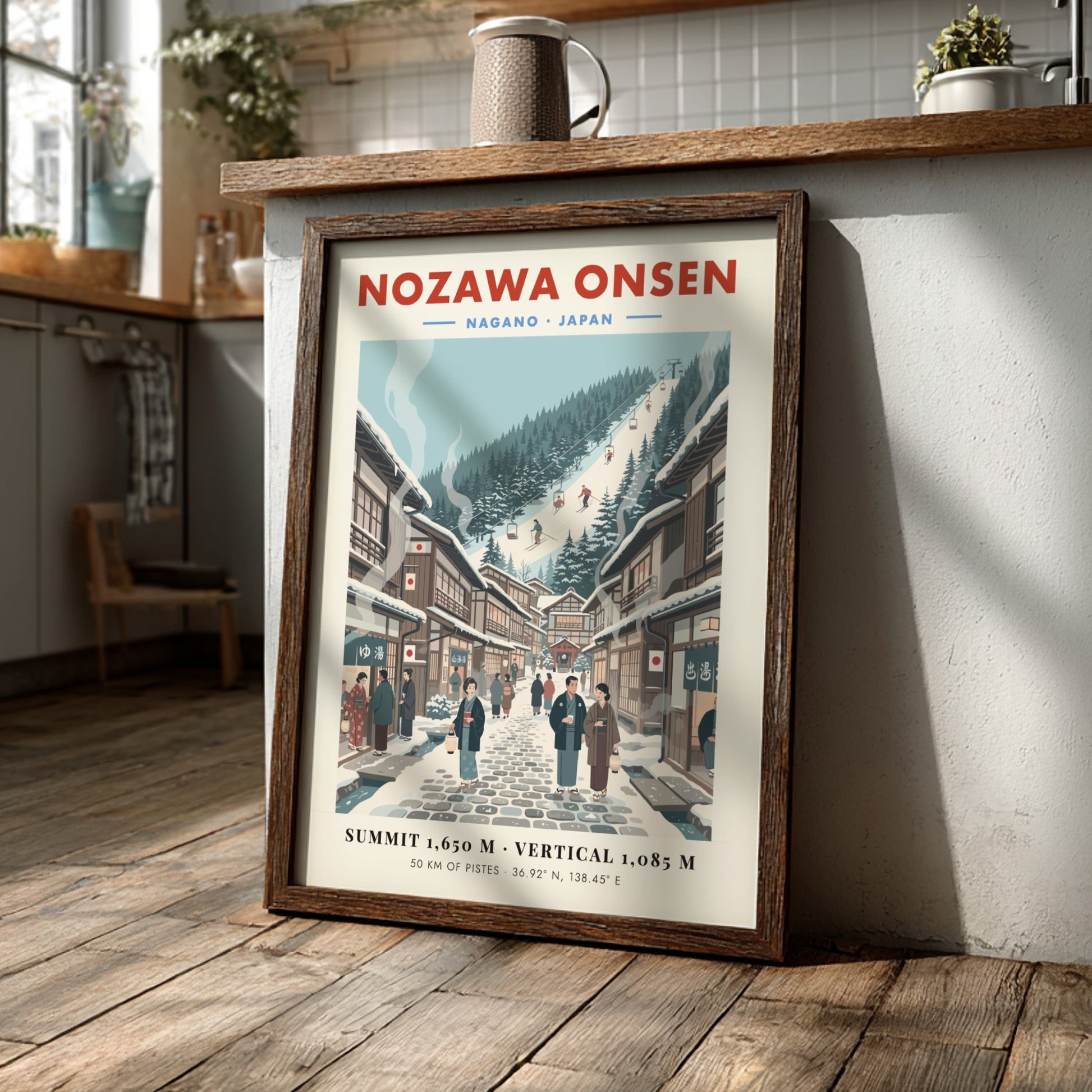 Ski resort poster featuring Nozawa Onsen with vintage style, showcasing snowy slopes and traditional