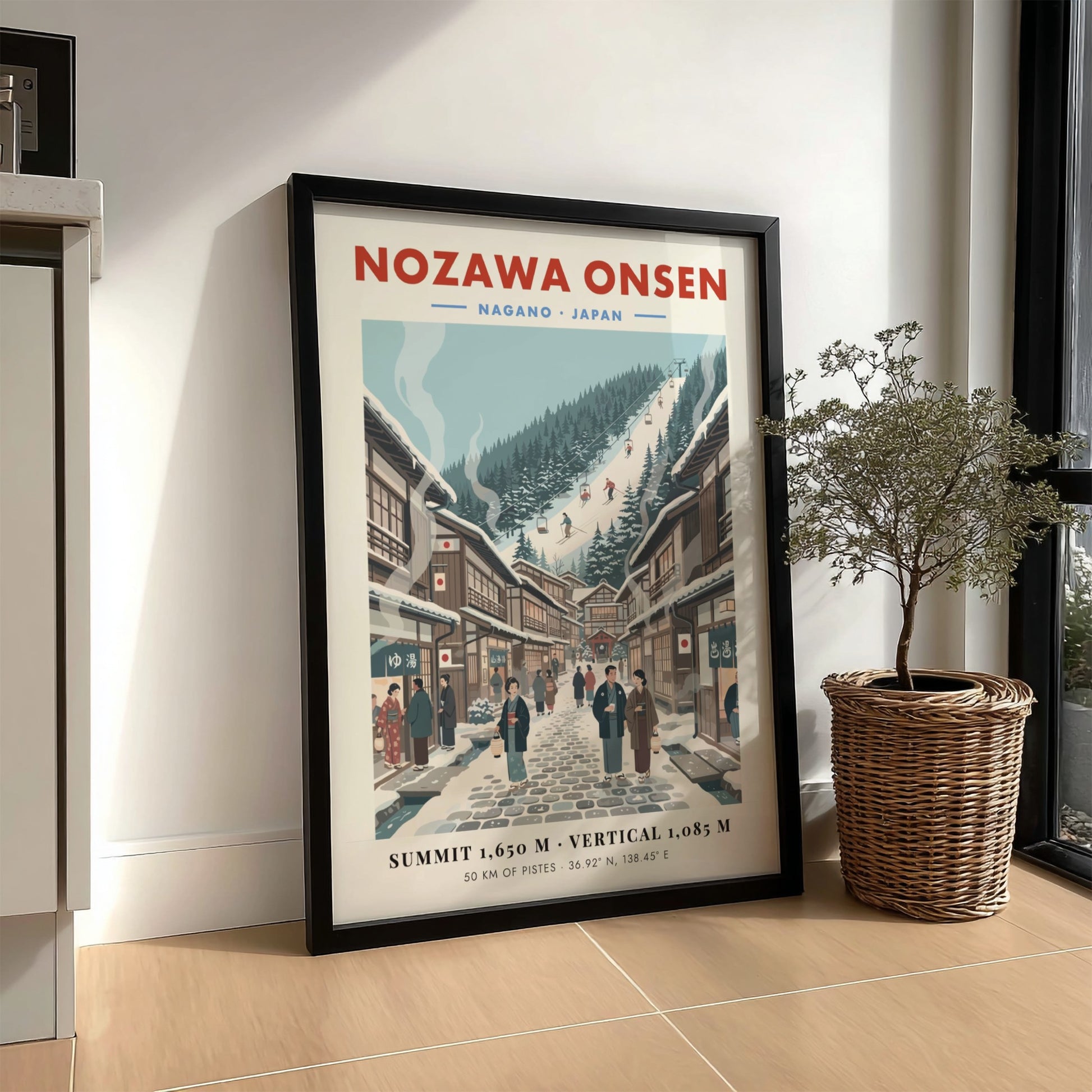 Ski resort poster featuring Nozawa Onsen with vintage style, showcasing snowy slopes and traditional