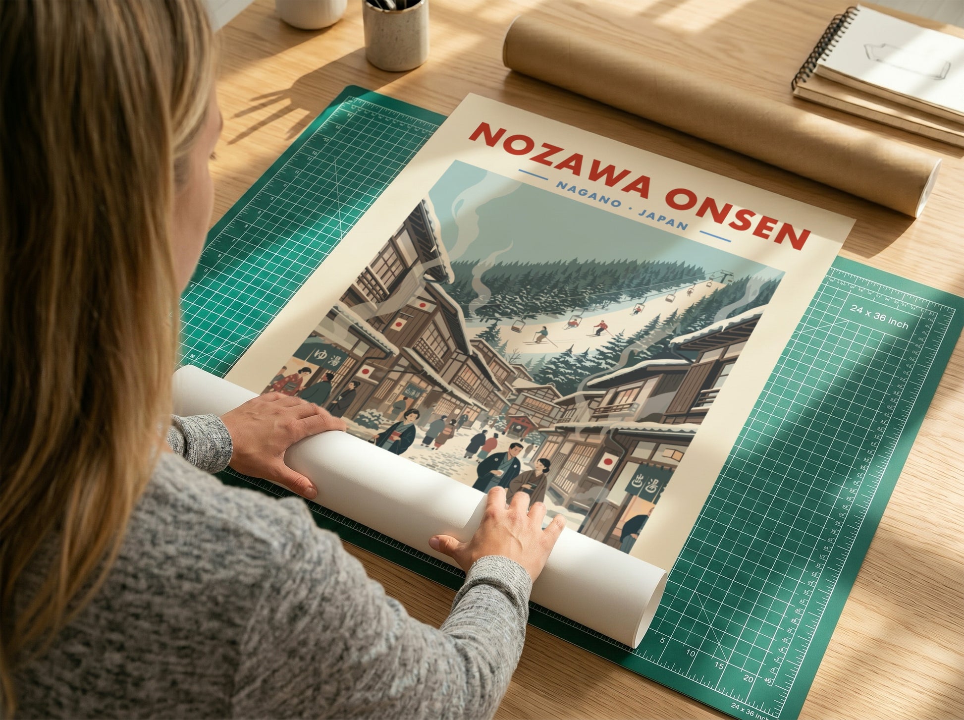 Ski resort poster featuring Nozawa Onsen with vintage style, showcasing snowy slopes and traditional