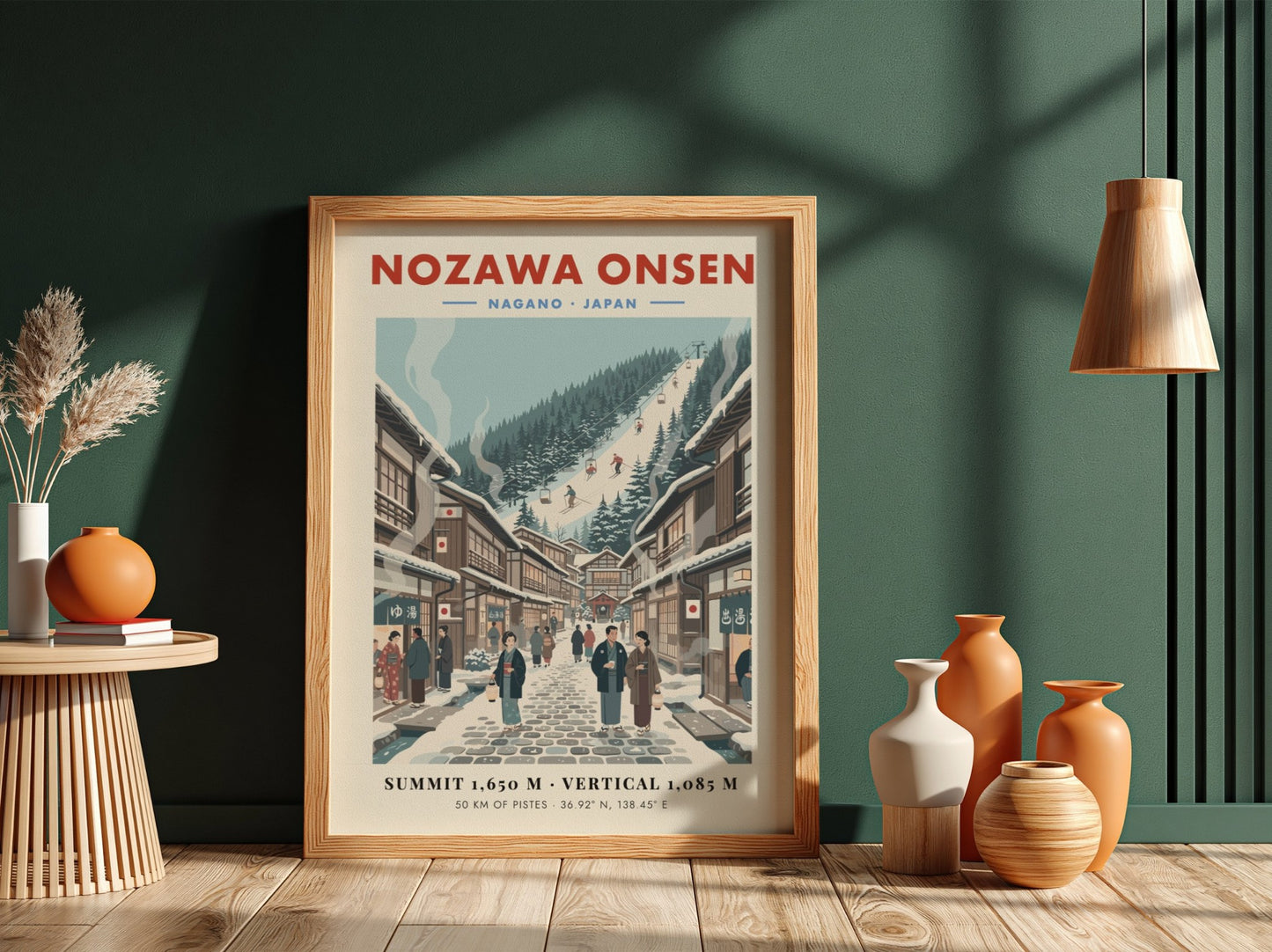 Ski resort poster featuring Nozawa Onsen with vintage style, showcasing snowy slopes and traditional
