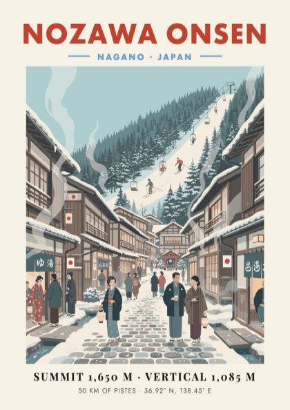 Ski resort poster featuring Nozawa Onsen with vintage style, showcasing snowy slopes and traditional
