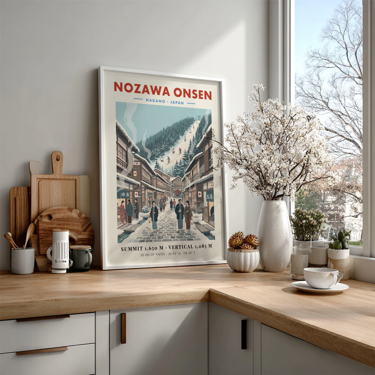 Ski resort poster featuring Nozawa Onsen with vintage style, showcasing snowy slopes and traditional